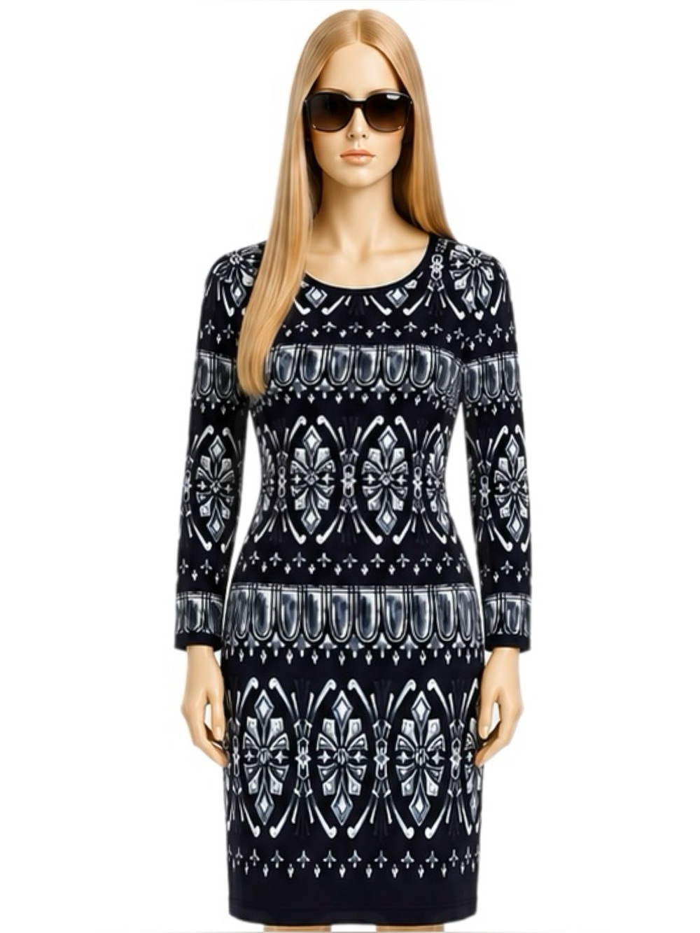 Tory Burch Rossella Black Patterned Silk Long Sleeve Mini Sheath Dress Size M